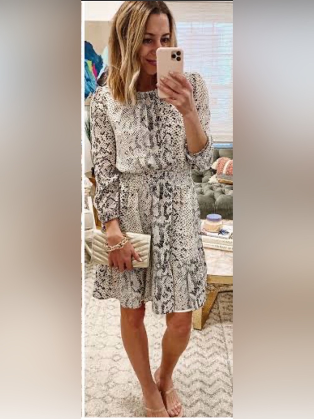 Snake Print Tiered Long-Sleeve Dress in Off White & Grey